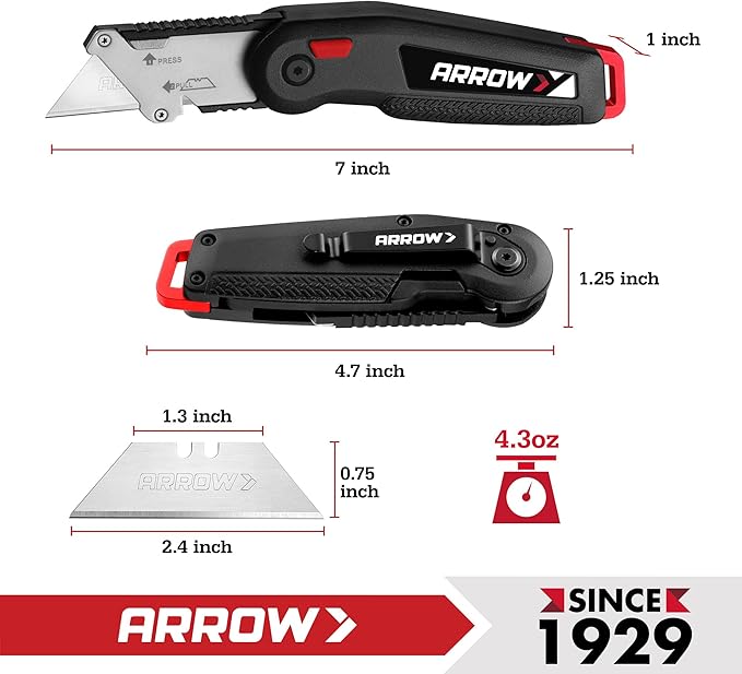 ARROW Utility Knife with Blade Storage Design, Quick Change Box Cutter, Speed Release Folding Knife with Belt Clip and Landyard Hole, Extra 13 Pieces SK2 Blades Included