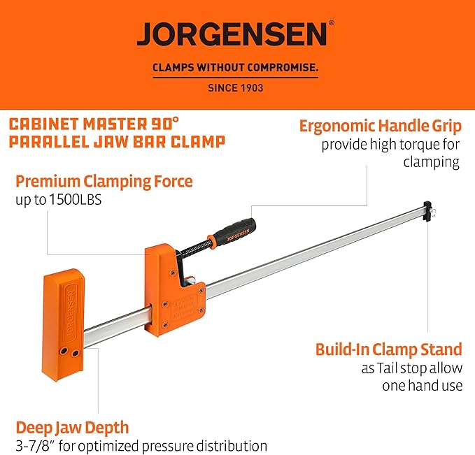 JORGENSEN 36-inch Bar Clamps, 90°Cabinet Master Parallel Jaw Bar Clamp Set, 2-pack
