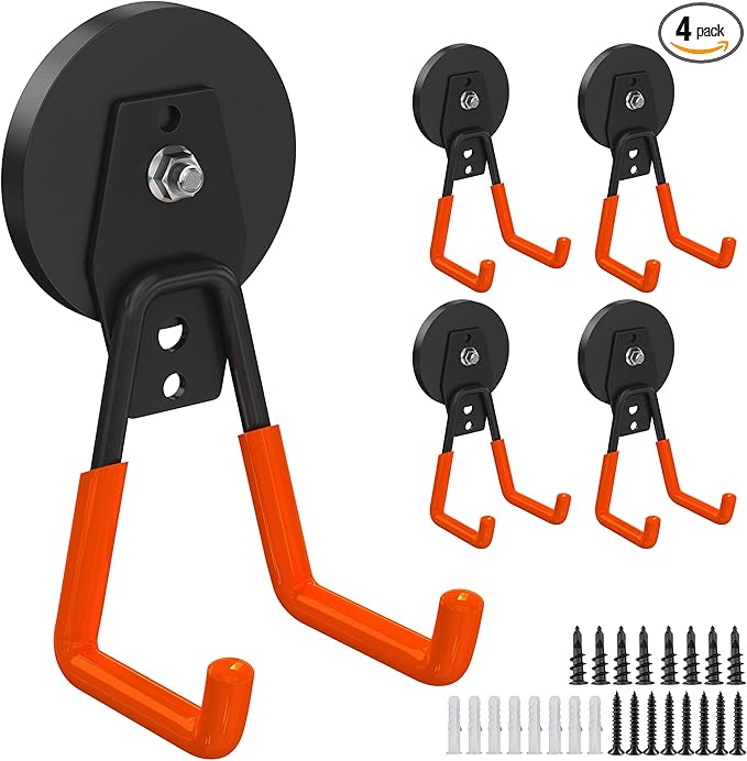 4Pcs Magnetic Hooks Heavy Duty, Large Strong Magnetic Storage Hook for Hanging Garage Tool, 66mm Magnet Hooks with Anti-Slip Coating, Magnetic Holder for Power Drill/Metal Cabinet/Garden Tools