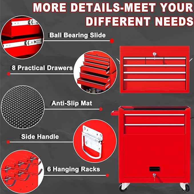 8-Drawer Rolling Tool Chest with Wheels - High Capacity Tool Cabinet with Detachable Top Toolbox for Garage and Workshop Organization - Metal Tool Cart with Liner & 6 Hooks, Red