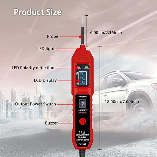 CT03 Power Circuit Tester, 6-24V DC Test Light Short Circuit, Automotive Component Electrical Polarity Identify Continuity Tester, Overload Protection