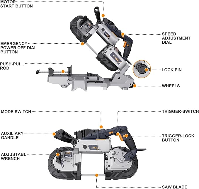 MAXXT Band Saw with Lightweight Aluminum Base, 10 Amp 5 Inch Deep Cut Bandsaw, Variable Speed Handheld Automatic Multipurpose Cut with Carrying Wheels Portable Metal Saw, Band Saws for Metal Wood