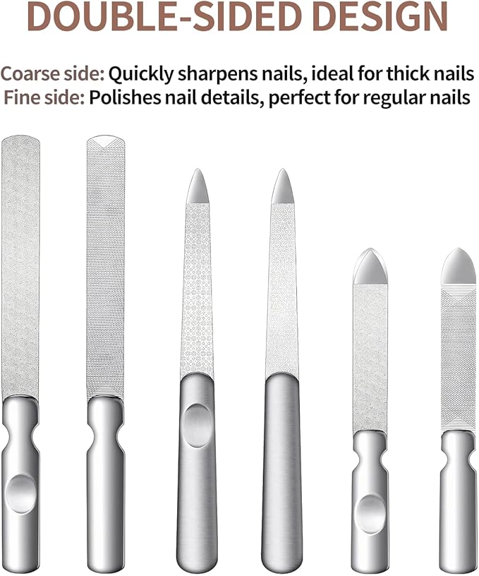 Metal Nail File (2 Pcs), Nail Files for Natural Nails & Toenails, Thick Nails Made of Stainless Steel, Double Sided Metal Nail Files with Anti-Slip Handle for Fingernail Toenail, Home or Salon Use