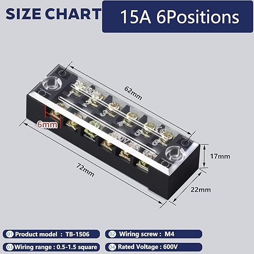 Terminal Block (4 Sets) 4Pcs 6 Positions Dual Row 600V 15A Screw Terminal Strip Blocks with Cover&4Pcs Pre-Insulated Barrier Termina Block Strip& 24Pcs Insulated Fork Wire Connector