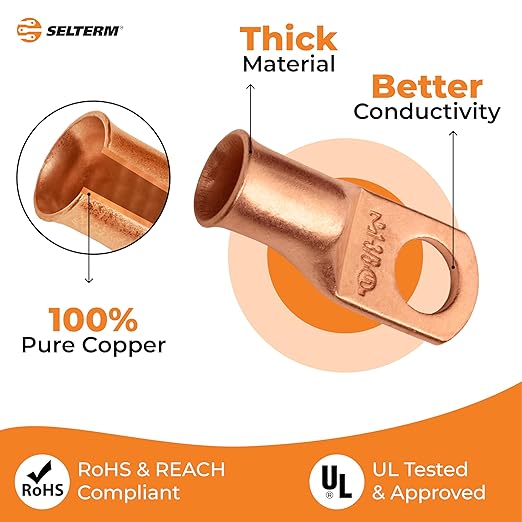 SELTERM 25pcs 1 AWG 3/8" Stud Battery Lugs, Ring Terminals, Heavy Duty Copper Wire Lugs, Battery Cable Ends, 1 Gauge Ring Terminal Connectors, UL Bare Copper Eyelets Electrical Battery Cable Lugs