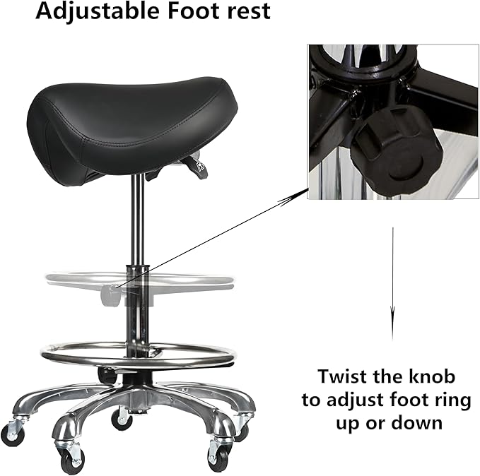 Saddle Tilting Stool Rolling Chair with Thicker Seat Swivel Ergonomic Height Adjustable Footrest Wheels for Beauty Spa Salon Dental Medical Clinic Kitchen Home Office Shop Bar Black