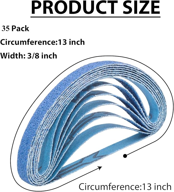 35 Pcs 3/8" x 13" Zirconia Sanding Belts for Metal, 3/8x13 Inch Zirconia Belt Sander Sanding Belts, 7 Each of 40/60/80/100/120 Assorted Grits Sanding Belts for Air Belt Sander