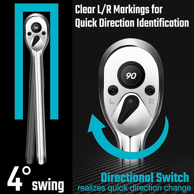 DURATECH 3/8-Inch Drive Ratchet, 90-Tooth Ratchet Wrench, Quick-release, Reversible Switch, Contour Handle Designed for Better Grip, Alloy Steel
