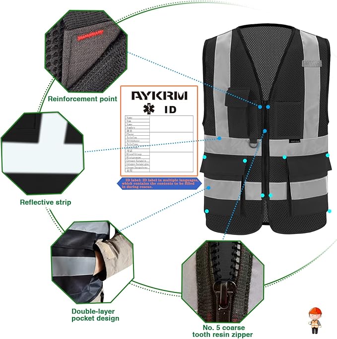 A-SAFETY 4xl 5xl black mesh Hi Vis Work Vest big and tall