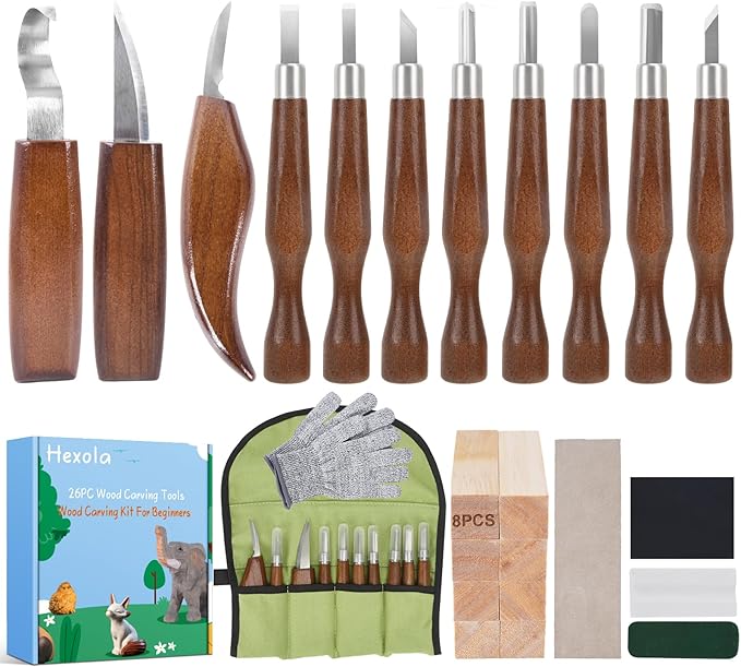 Wood Carving Tools, 26pcs Hand Carving Tool Set Wood Whittling Knife Kit with 3pcs Templates & 8pcs Wood Carving Knives 3 for DIY Sculpture Carpenter Experts & Beginners