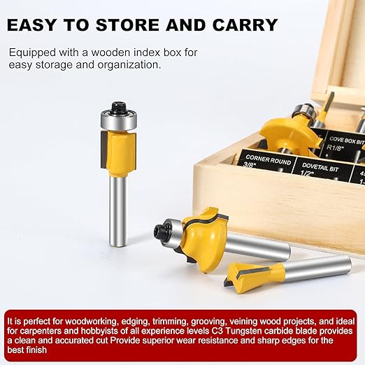 Router Bits Set 1/4 Inch Shank 15 Pieces 1/4 Inch Tungsten Carbide Router Bits Woodwork Tools for Doors,Tables,Shelves,Cabinets,DIY Woodwork
