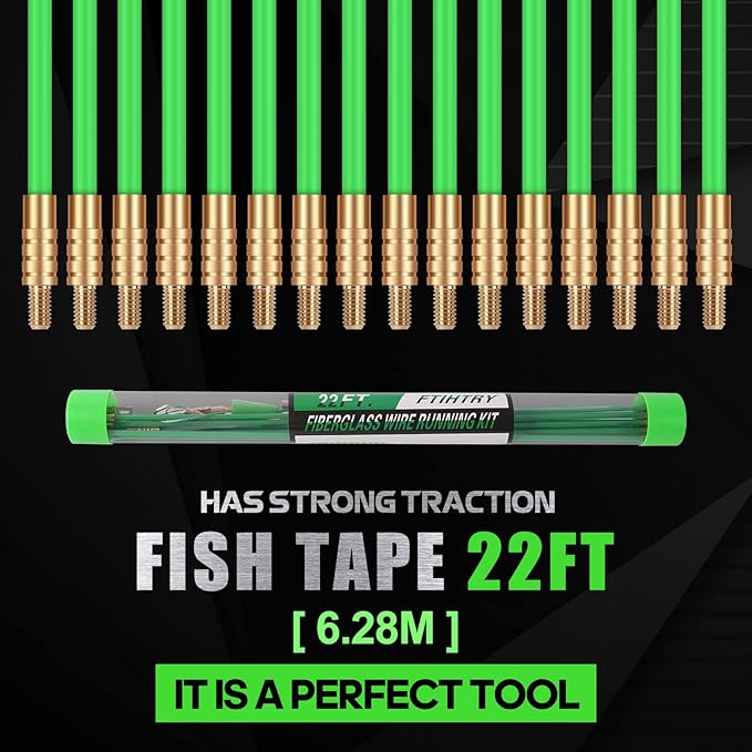22FT Fiberglass Running Electrical Wire Cable Glow Rods Wire Pulling, Fish Rods Electrical Kit with 8 Different Attachments and Fish Tape Wire Puller Kit