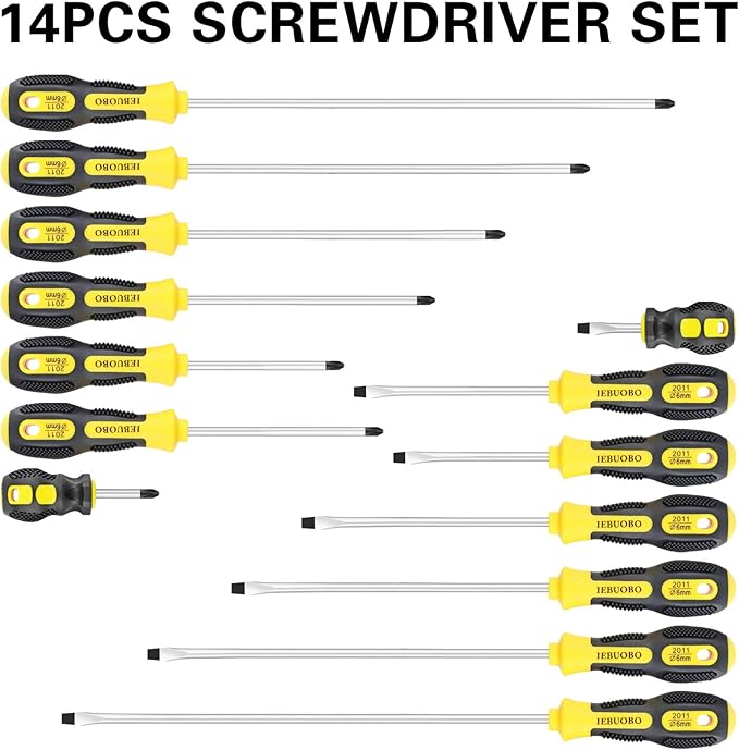 Magnetic long Screwdriver Set 14 PCS,7 Phillips and 7 Flat Head Precision Screwdriver,Professional Cushion Grip and Non-Slip for Repair Home Improvement Craft