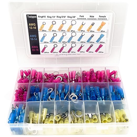 300Pcs Waterproof Heat Shrink Wire Connectors Kit, Automotive Electrical Connector Terminals Kit, Fork Ring and Spade Connectors for Car and Boat (22-10AWG)