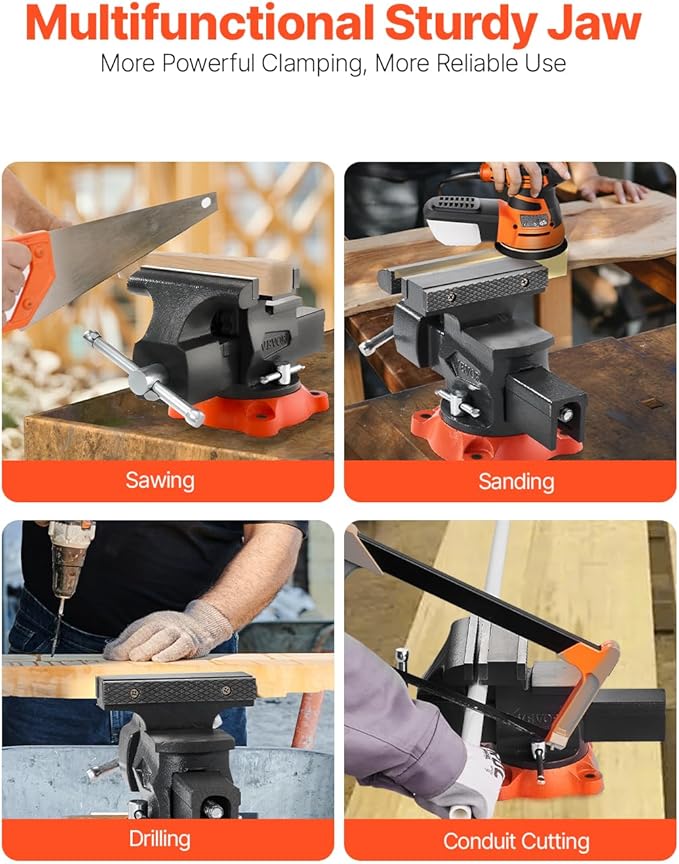 VEVOR Bench Vise, 5.5" Jaw Width, 5.5" Max Jaw Opening Multipurpose Vise with 360° Swivel Locking Base, 2.8" Throat Depth, Heavy Duty Ductile Iron Workbench Vise, Two-Way Jaws for Clamping Round Pipes