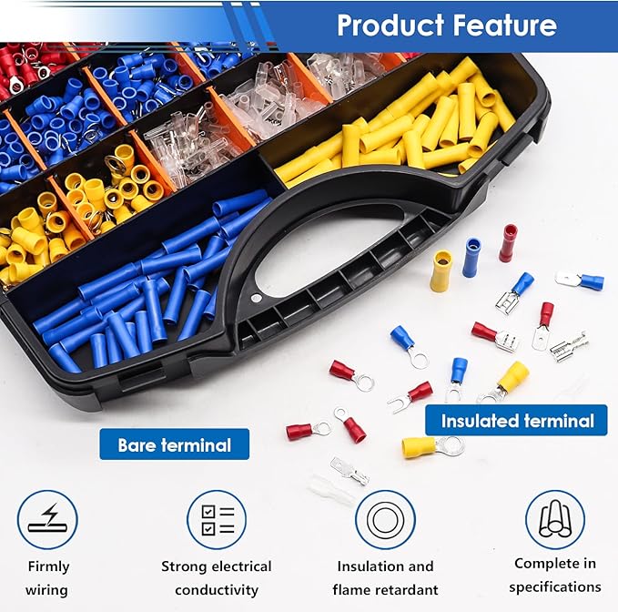 smseace 1100Pcs Crimp Wire Connectors with Crimping Tool Packed in Handheld box 22-10AWG Insulated Crimp Spade/Fork/Ring/Butt Electrical Speaker Wire Connector