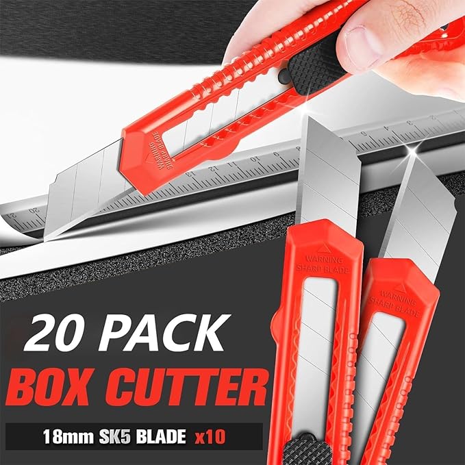 20 Pack Utility Knife, Box Cutter Retractable, Box Knife for Cartons, Cardboard, and Boxes, Box Opener with 10 Pieces 18mm Snap-off Blade, Razor Knife for Office and Home Use, Box Cutters, Red