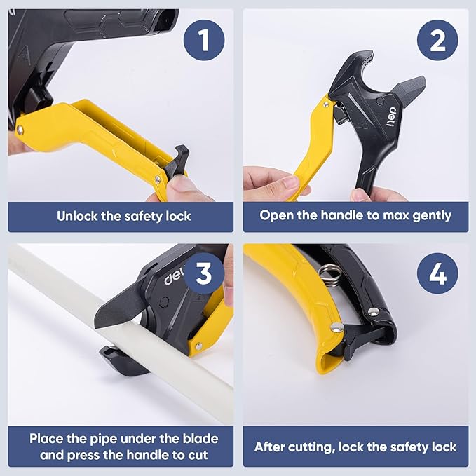 DELI PVC Pipe Cutter, Up to 1-1/4", Ratchet Pipe Shears Heavy-Duty, Pex Cutting Tool for Cutting PEX, PVC, PPR Plastic Hoses and Plumbing Pipe