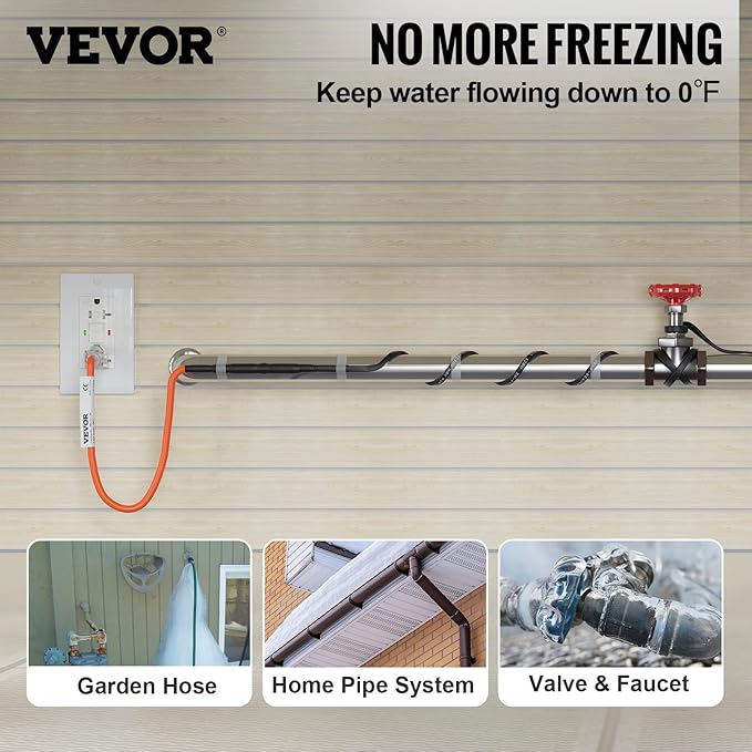 VEVOR Self-Regulating Pipe Heating Cable, 120-feet 5W/ft Heat Tape for Pipes Freeze Protection, Protects PVC Hose, Metal and Plastic Pipe from Freezing, 120V