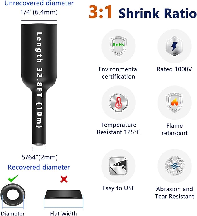 1/4" Heat Shrink Tubing, 33 Ft 3:1 Dual Wall Adhesive Lined Heat Shrink Tube, Marine Grade Waterproof Shrink Wrap Tubing, Electrical Industrial Automotive Sealing Shrink Tube for Wire Insulation