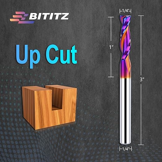 2PCS 1/4 Upcut Spiral Router Bit 1/4 Inch Shank 1 inch Cutting Length with Extra Long Life Coating CNC Router Bits End Mill for Wood Cutting, Slot Mortise, Engraving