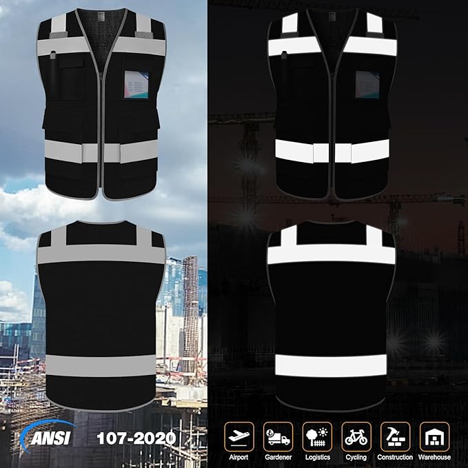 TCCFCCT Mesh Safety Vest - High Visibility, 5 Pockets, Reflective Work Vest for Men & Women; Meets ANSI/ISEA Standards - Black, XL