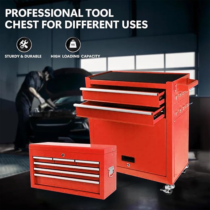 Rolling Tool Chest with Wheels, 8-Drawer Tool Box Organizer with Lock, Detachable Top Cabinet, Sliding Drawers, Tool Storage Cabinet for Garage & Workshop, Red