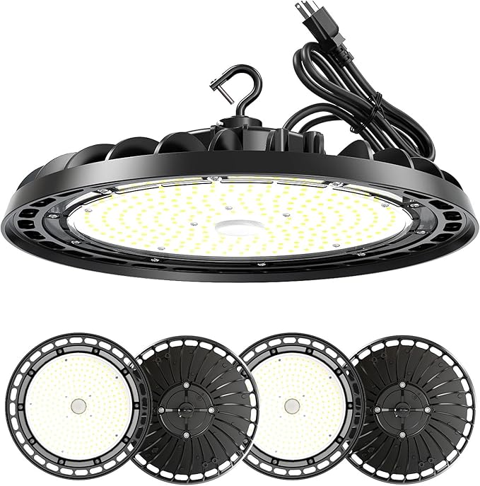 LED High Bay Light 150W, 10' UFO Commercial Lighting Fixture w/Isolated Power Supply, w/Plug for Garage Shop Warehouse Workshop, 5000k 21000lm Dimmable IP65 UL ETL Listed (4-Pack)