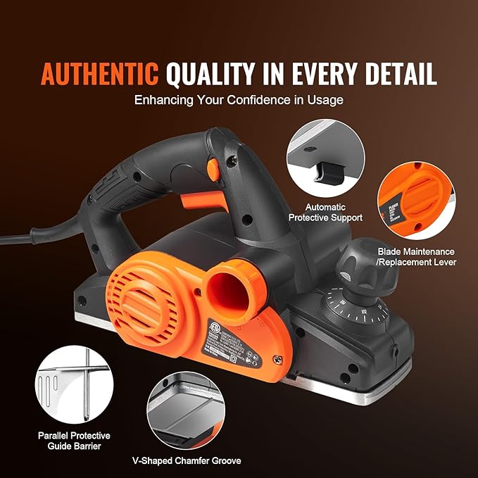 VEVOR Electric Hand Planer, 3-1/4" Width Corded, 16500 RPM High-Speed Powerful Handheld for Woodworking, Wood Chamfer DIY, Smooth Finish Carpentry Tool, FCC-SDoC