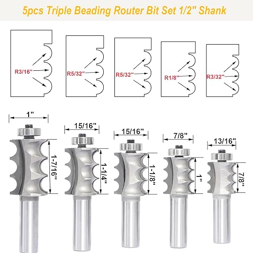 5pcs Triple Beading Router Bit Set,1/2" Shank,Radius 3/32",1/8",5/32", 5/32" and 3/16",Bearing Guided Cutters for Wood Multiple Beads Profiling,Molding,Edging