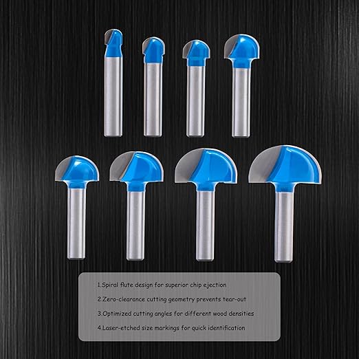 8PCS Round Nose Router Bits Set, 1/4-Inch Shank Woodworking Drill Bits Kit - for Roundover, Rabbeting, Tongue & Groove, Cabinet Door, Rail & Stile Joinery