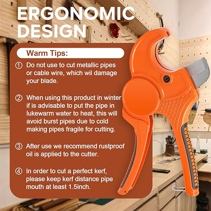 Kerry PVC Pipe Cutter, Up to 1-5/8" Ratcheting Heavy-Duty PEX POLY PE Plastic Hoses and Plumbing Tube Cutting Tool, Sharp Stainless Steel Blades, Thicken Aluminum Body Extended Handle