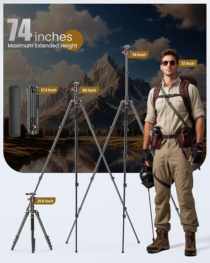 CAMBOFOTO 74-inch-Professional-Camera-Photography-Tripod, Ball Head Aluminum DSLR/SLR Tripod & Monopod with Carry Bag Compatible with Canon Nikon Binoculars Laser Telescope (Weight 3 Lbs, 13Lbs Load)