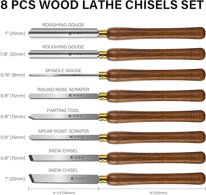 HAUTMEC Pro HSS Wood Lathe Turning Chisel Set 8 Pcs, Lathe Chisel Set with 3 Gouge 2 Skew 1 Spear Point 1 Parting 1 Round Nose Tools with 1680D Tool Bag for Professionals and Beginners - HTWCH25028