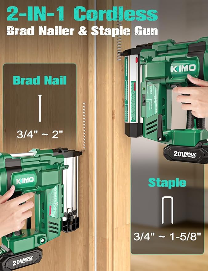 KIMO 18 Gauge Nail Gun Cordless with Battery 2.0Ah X 2, 1000pcs Nails and Staples, 2 Firing Modes, 180 Nails/min, Adjustable Nailing Depth, 2 in 1 Cordless Brad Nailer and Stapler for DIY Project