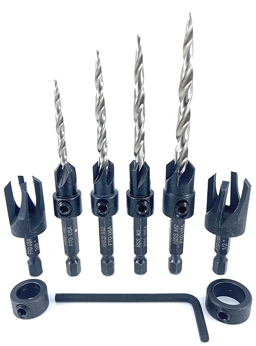 FTG USA Adjustable Wood Countersink Drill Bit Set #6#8#10#12 with Tapered Drill Bits for Woodworking