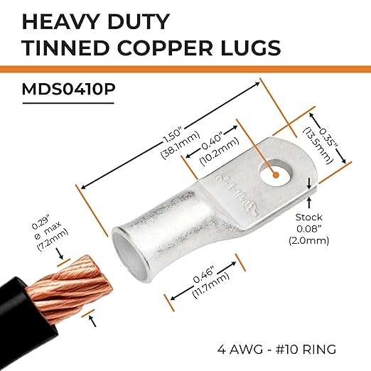 SELTERM 25pcs 4 AWG #10 Stud Marine Grade Tinned Copper Battery Cable Lugs, 4 Guage Ring Terminals, UL Wire Lugs Electrical Battery Cable Ends, Tinned Copper Lugs Battery Terminal Connectors