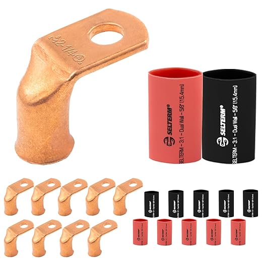 SELTERM 10pcs - 2 AWG 1/4" Stud - 90° Bent Battery Lugs - Ring Terminal Connectors with 12pcs 3:1 Black & Red 5/8" Heat Shrink Tubing - Heavy Duty Battery Cable Ends - Bare Copper Wire Connectors Kit