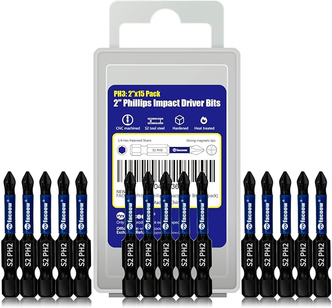 15 Pack Phillips Impact Driver Bits, #2 Phillips Head Magnetic Screwdriver Bits Set, 2 Inch S2 Alloy Steel Impact Bits, 1/4" Hex Shank Screwdriver Drill Bit, CNC Machined ph2 Impact Drill Bits