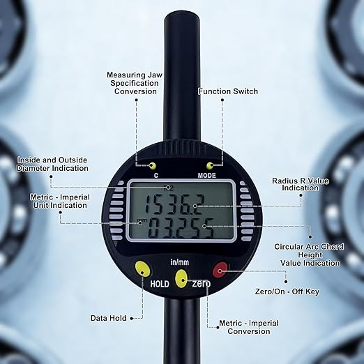 Digital Radius Gauge for High-Precision Measurement of Inside Radius, Outside Radius, and Depth. Radius Range: 450-2500mm (17.7-98.4”), Linear Range: 0-50.8mm (0-2”)