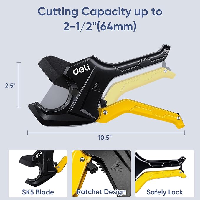 DELI PVC Pipe Cutter, Up to 2-1/2", Ratchet Pipe Shears Heavy-Duty, Pex Cutting Tool for Cutting PEX, PVC, PPR Plastic Hoses and Plumbing Pipe