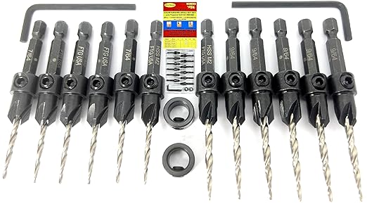 FTG USA Countersink Drill Bit Set 6 Pc #4 (7/64"), 6 Pc #6 (9/64") Tapered Countersink Bit, Stop Collar, Hex Wrench, Woodworking Countersink Drill Bits