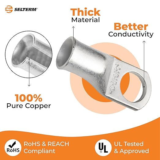 SELTERM 25pcs 1/0 AWG 1/2" Stud Marine Grade Tinned Copper Battery Cable Lugs, 0 Gauge Ring Terminals, UL Wire Lugs Electrical Cable Ends, Terminal Connectors
