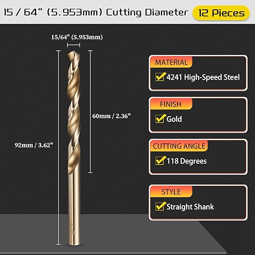 Drill Bit, 15/64" Cutting Diameter (5.953mm), 4241 HSS Gold 118° Cutting Angle Versatile Jobber Bits - (Applications: for Drilling Plastic Wood Soft Thin Metal), 12-Pieces
