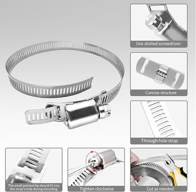Hose Clamps 30FT Strap+15 Fasteners,DIY Cut-To-Fit 304 Stainless Steel Adjustable Large Worm Gear Band Clamp Assortment Kit,Metal Screw Fasteners and Strapping for Pipe,Duct,Pole,Tube