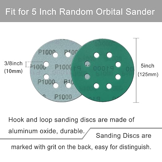 5 Inch 8 Hole Sanding Discs, 100 Pcs Wer Dry Sanding Disc Set 600 800 1000 1500 2000 Assorted Grits Hook and Loop Green Polyester Film Backed Sandpaper with Interface Pad for Random Orbital Sander