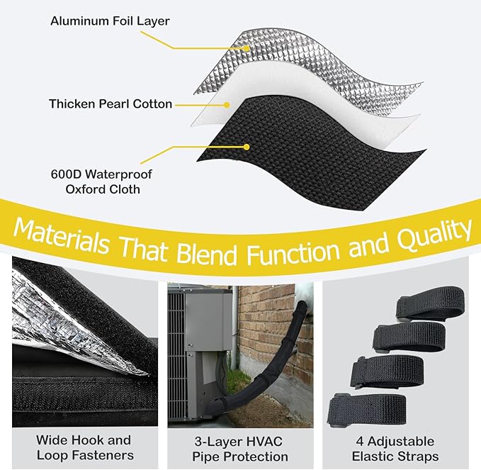 Outdoor Pipe Insulation Cover - 72" x 10.2" Weatherproof HVAC AC Line Set Protector, Heavy-Duty Fabric Wrap for Sun, Rain & Winter Freeze Protection, with 4 Adjustable Straps