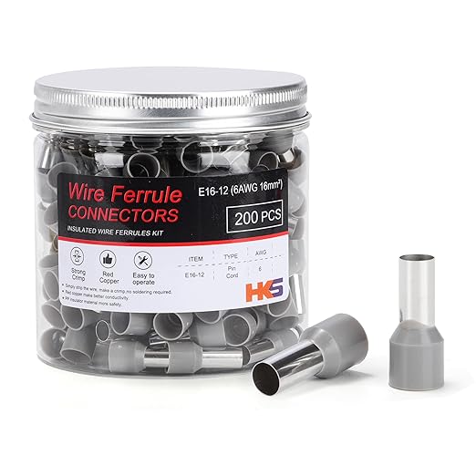 HKS 200PCS Wire Ferrule Connectors - AWG 6-16.0mm² Copper Barrel Pin Cord Ends Insulated Ferrules Terminals - E16-12 Grey