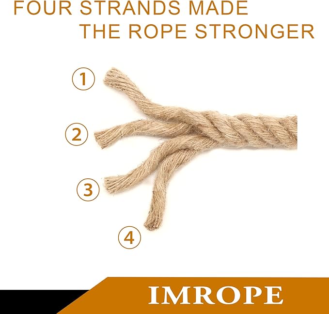 2 Inch x 50 Ft Natural Jute Rope, IMROPE Twisted Jute Rope 4 Strands for Arts Crafts, Swing, Garden, Home Decorating, Hammock, Tug of War