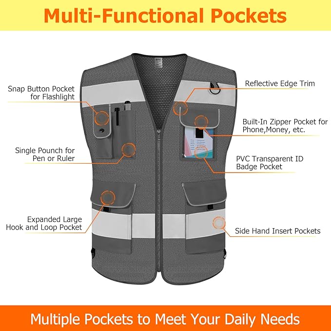 TCCFCCT Mesh Reflective Safety Vest 9 Pockets High Visibility Vest for Men Women, Hi Vis Reflective Work Vest for Safety, Meets ANSI/ISEA Standards, (Grey, XX-Large)